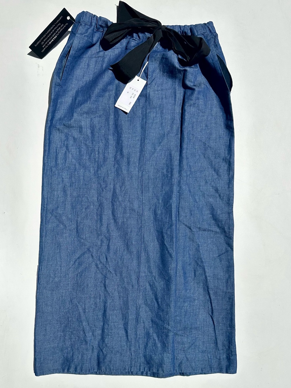 Pier Antonio Gaspari Blue Denim Midi Skirt Black Grosgrain Ribbon Waist Tie 44 8